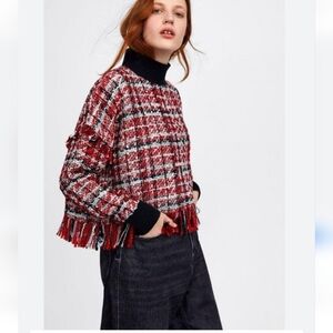 Zara Womens Sweater Red Black Tweed Fringe Knit Ribbed Mock Neck Top Size Small